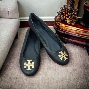 Tory Burch Black Flats with Gold Logo